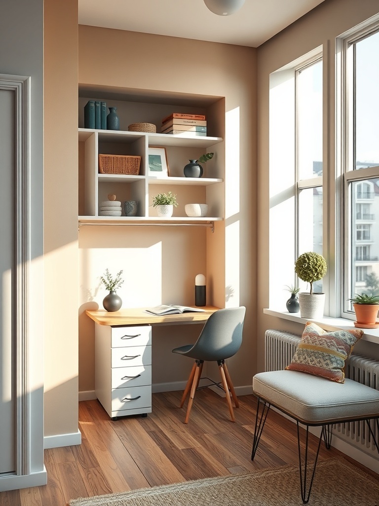 Cozy workspace setup in a closet with shelves and a desk.