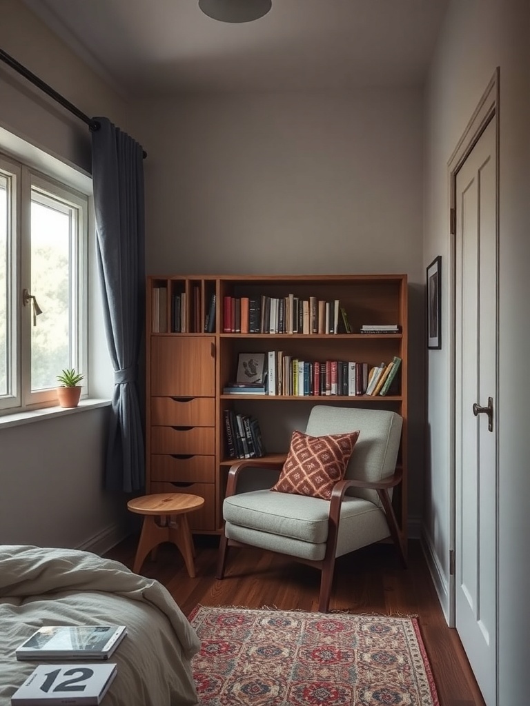 Cozy corner of a small bedroom with a chair, side table, bookshelf, and window.