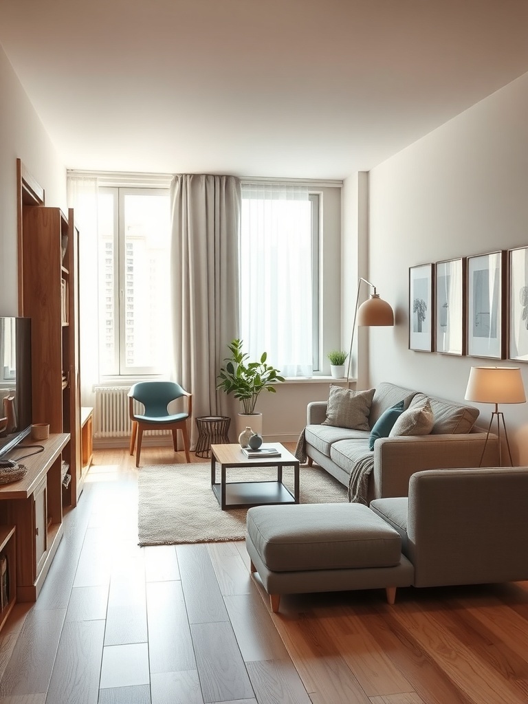 A cozy living room with a sofa, chair, and a small coffee table, featuring natural light and wooden accents.