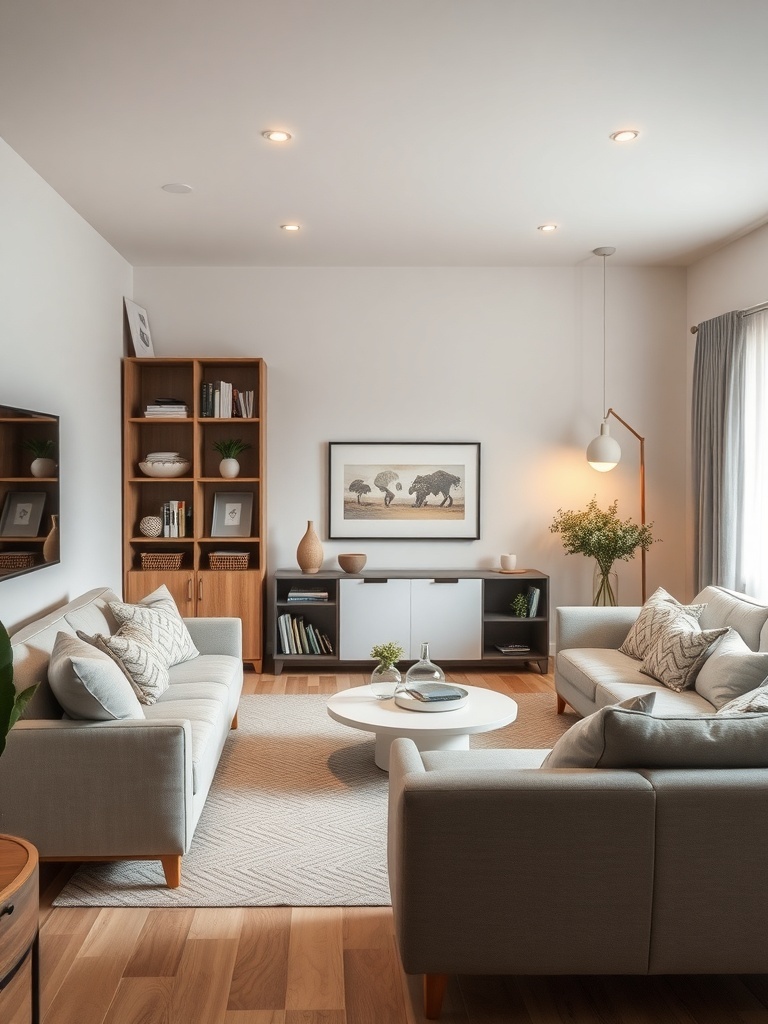Cozy living room with two sofas, a round coffee table, and open shelving.