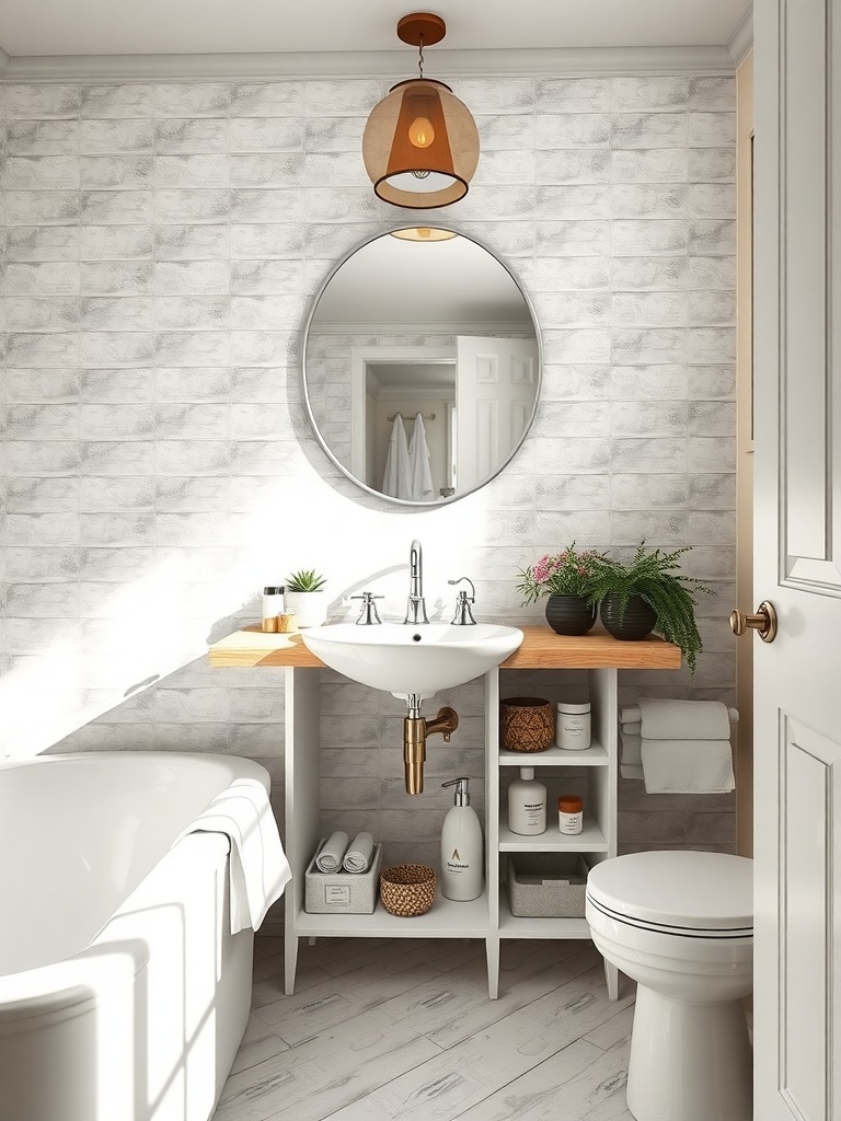 A small bathroom featuring a stylish sink with wooden countertop and organized under-sink storage.