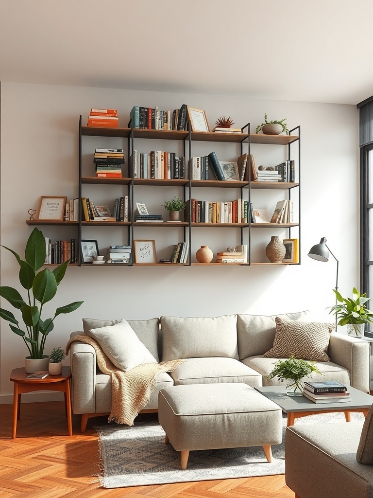 A cozy living room featuring wall-mounted shelves filled with books and plants.