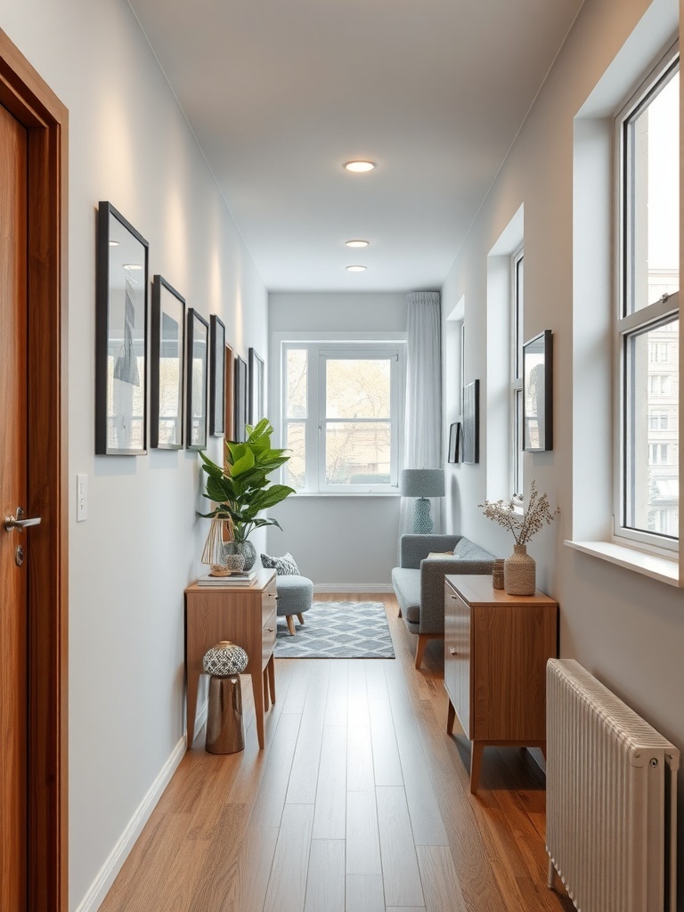 A narrow hallway with framed art on the walls and stylish decor.