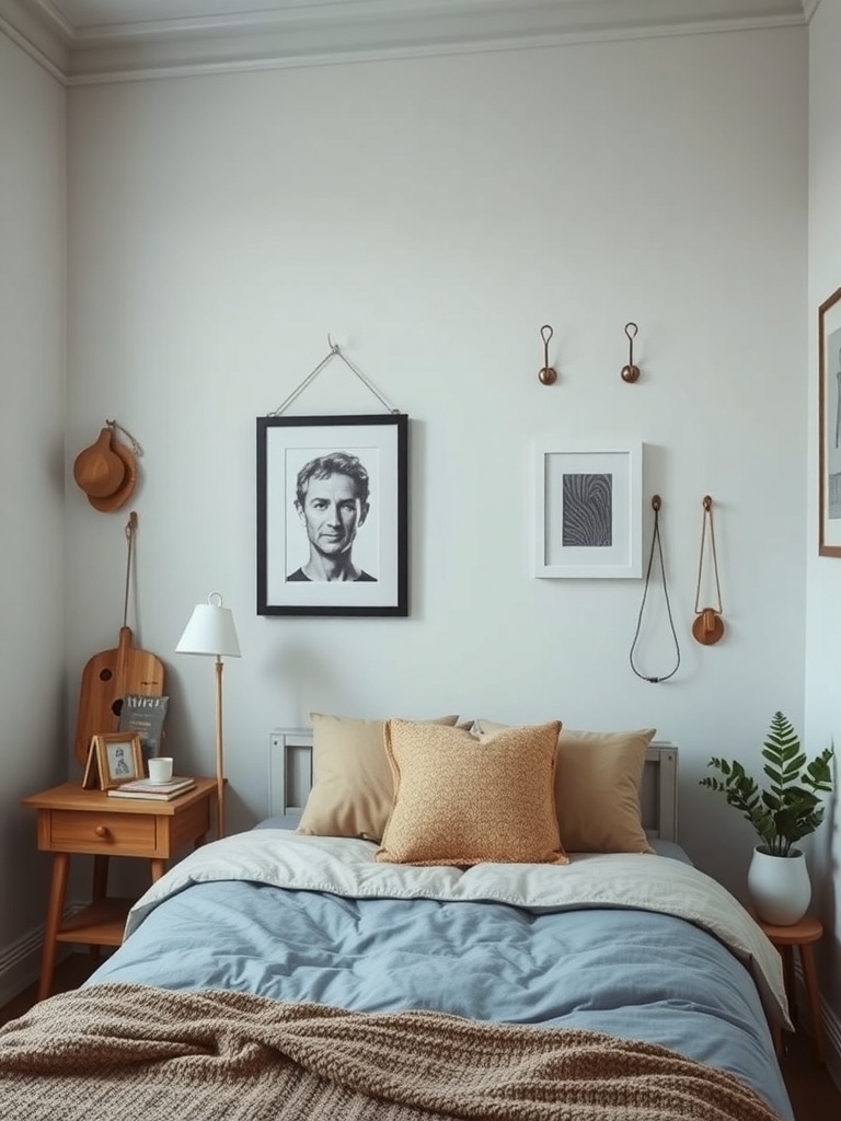 Cozy small bedroom with wall decor and plants