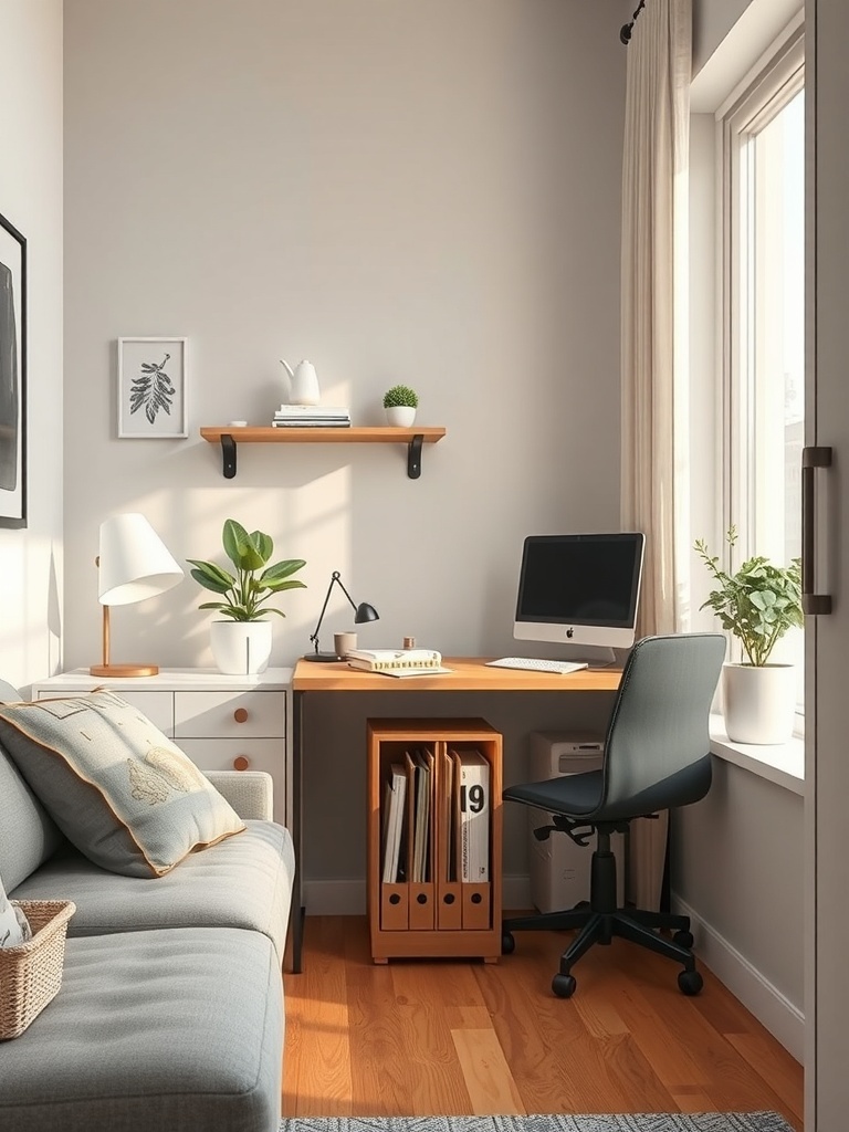 A cozy workspace featuring a desk with a vertical file organizer, plants, and a computer.