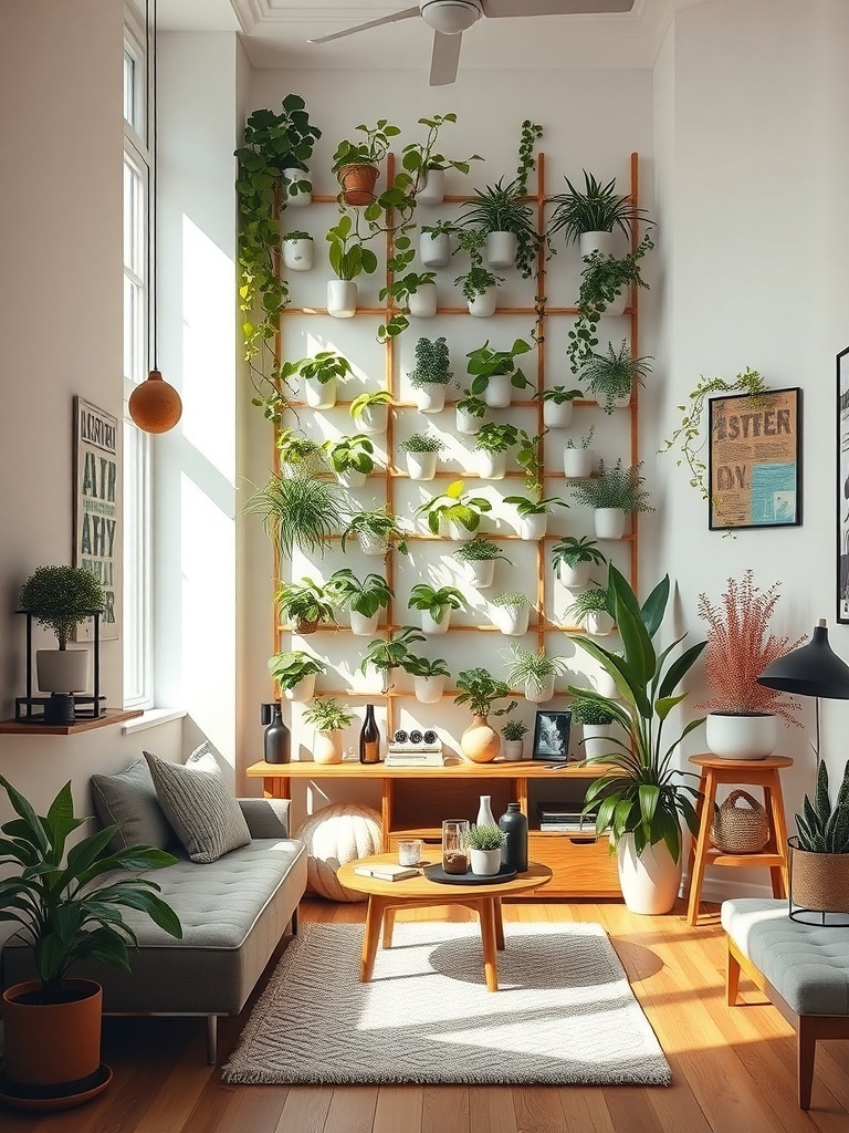A cozy studio apartment featuring a vertical garden with various plants on a wooden structure.