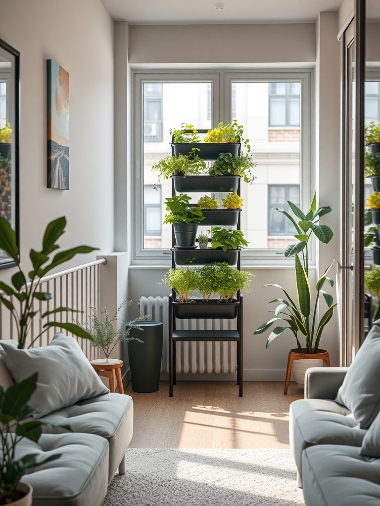 A stylish vertical garden planter filled with various plants, positioned near a window in a cozy living space.