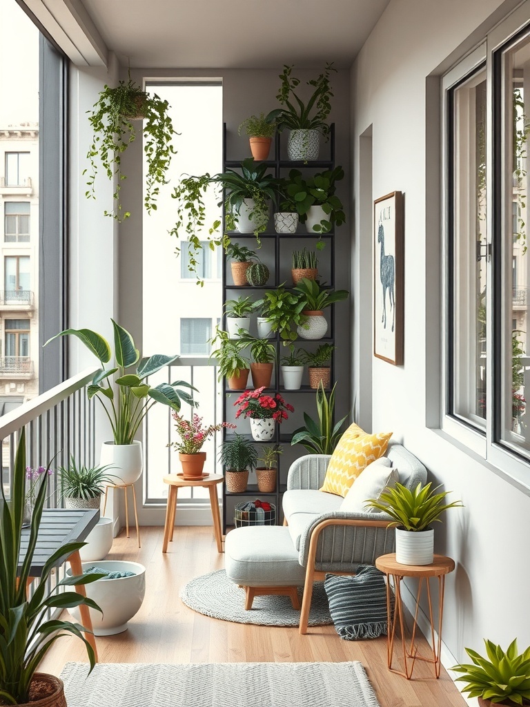 A cozy balcony with a vertical garden featuring various potted plants and a comfortable seating area.