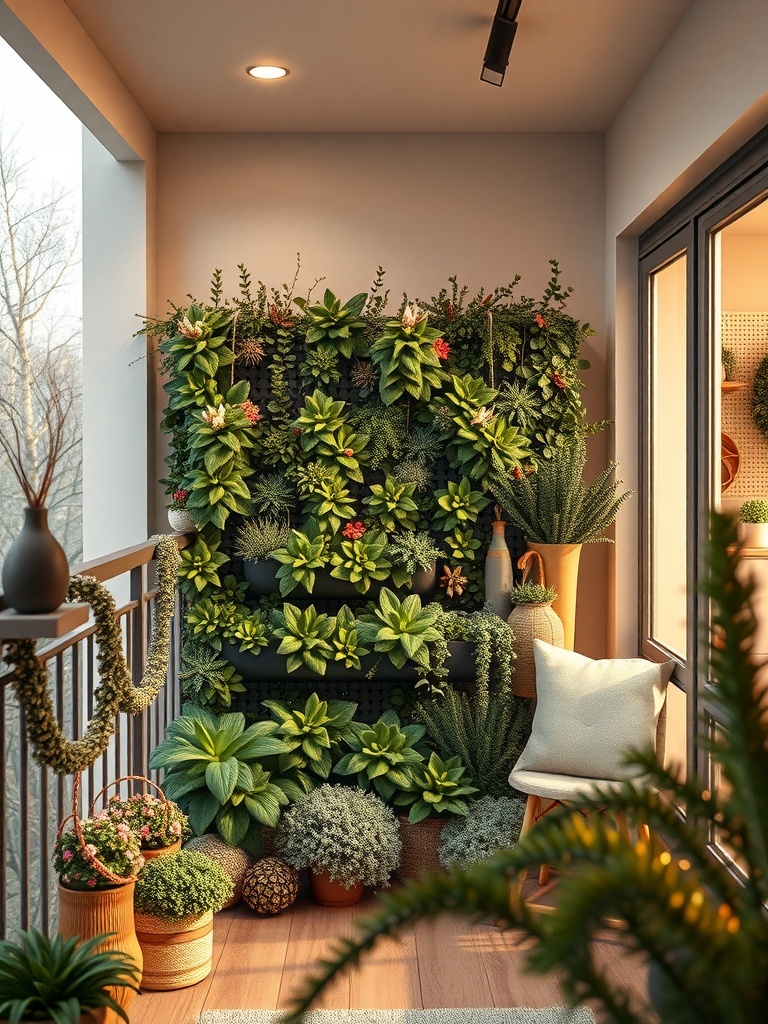 A vertical garden wall filled with various green plants and flowers on a balcony.