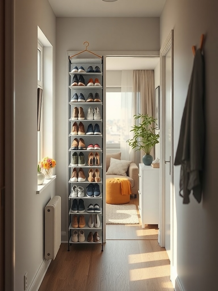 A vertical shoe rack displaying various shoes in a small hallway.