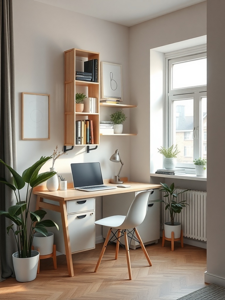 A small workspace featuring a desk, computer, and vertical shelves with plants and books.