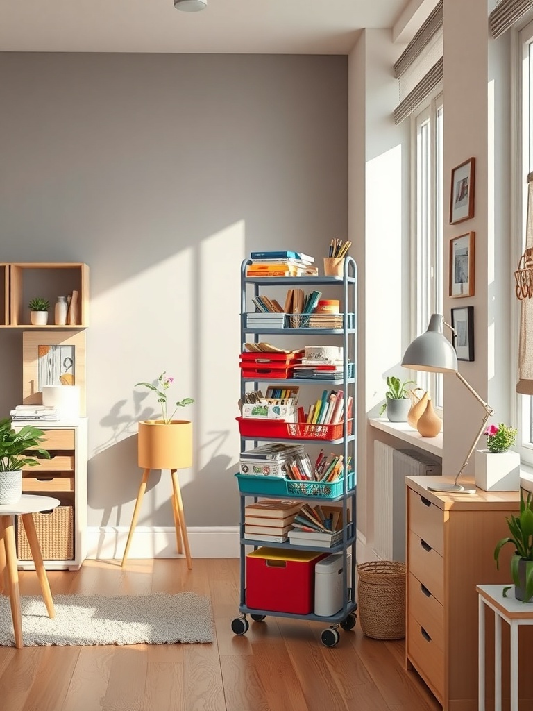 A colorful vertical storage cart filled with books and art supplies in a cozy room.