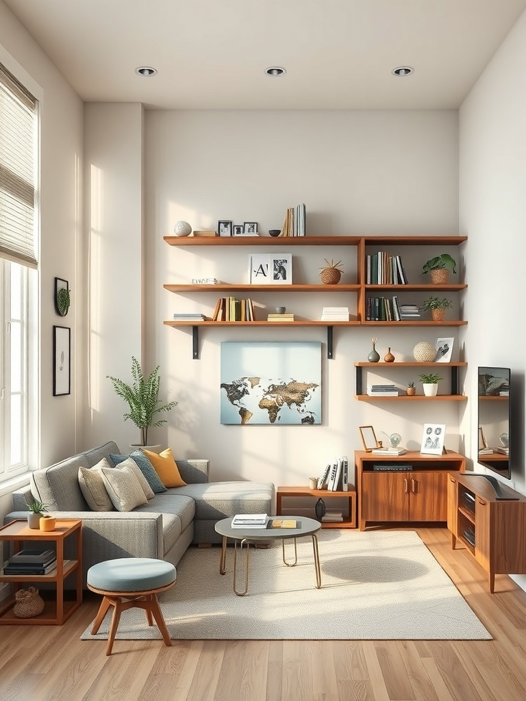 A cozy living room featuring wall-mounted shelves with books, plants, and decorative items.
