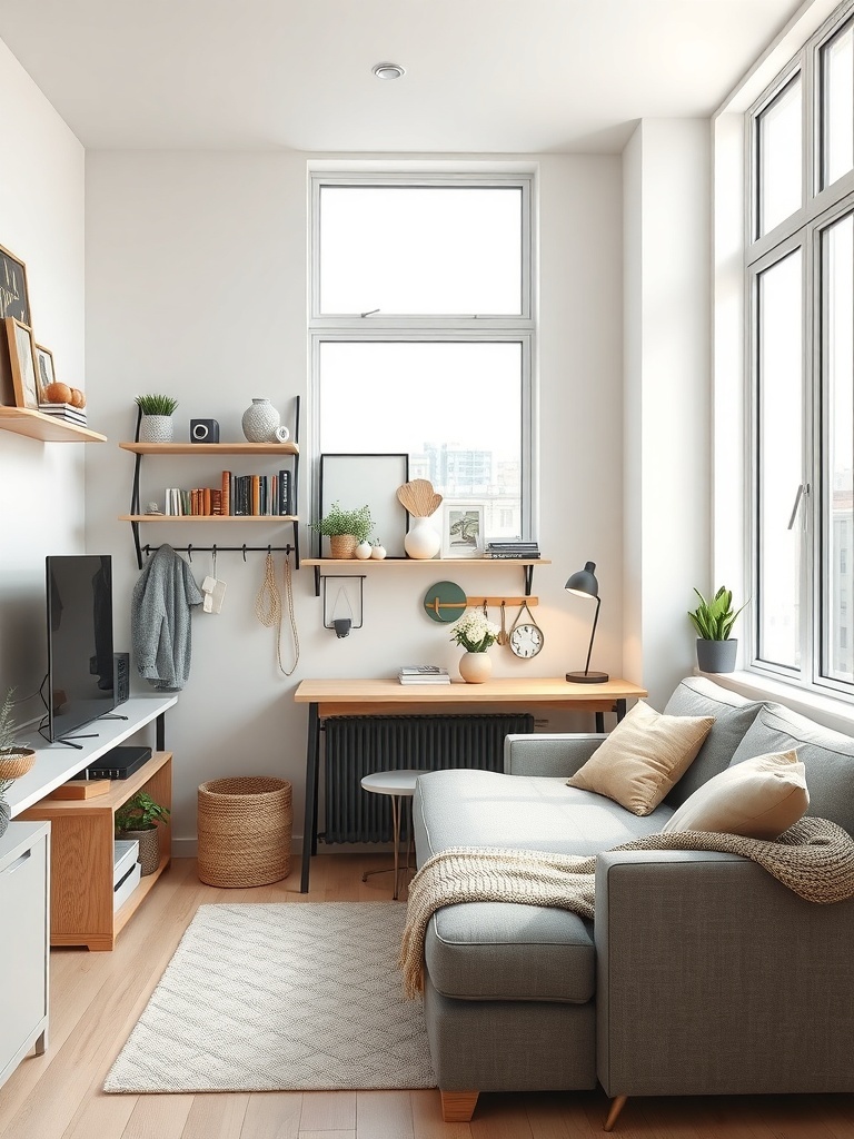A cozy studio apartment featuring vertical storage solutions with shelves above the desk and seating.