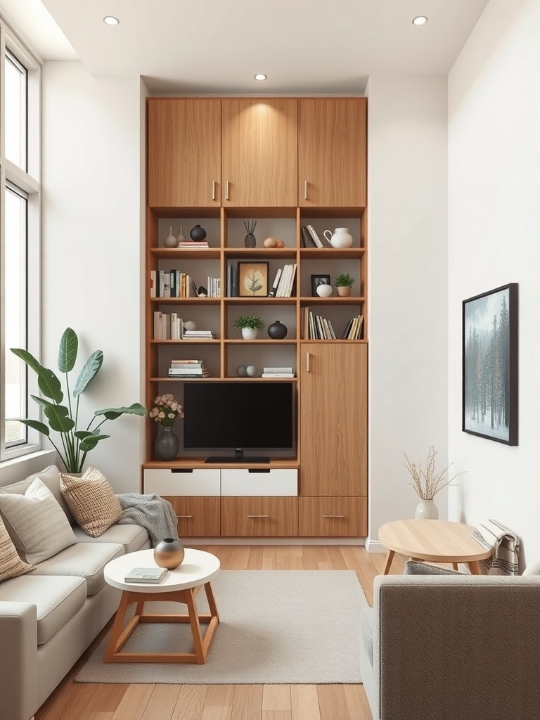 A modern living room featuring vertical storage solutions with tall wooden shelves and a cozy seating area.