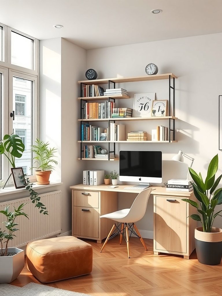 A compact home office featuring vertical shelves with books and plants.