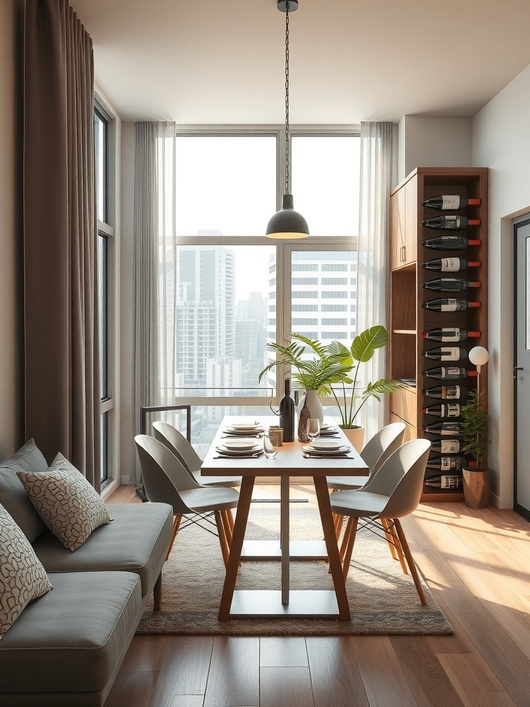 A modern dining area with a vertical wine rack against the wall, showcasing wine bottles.