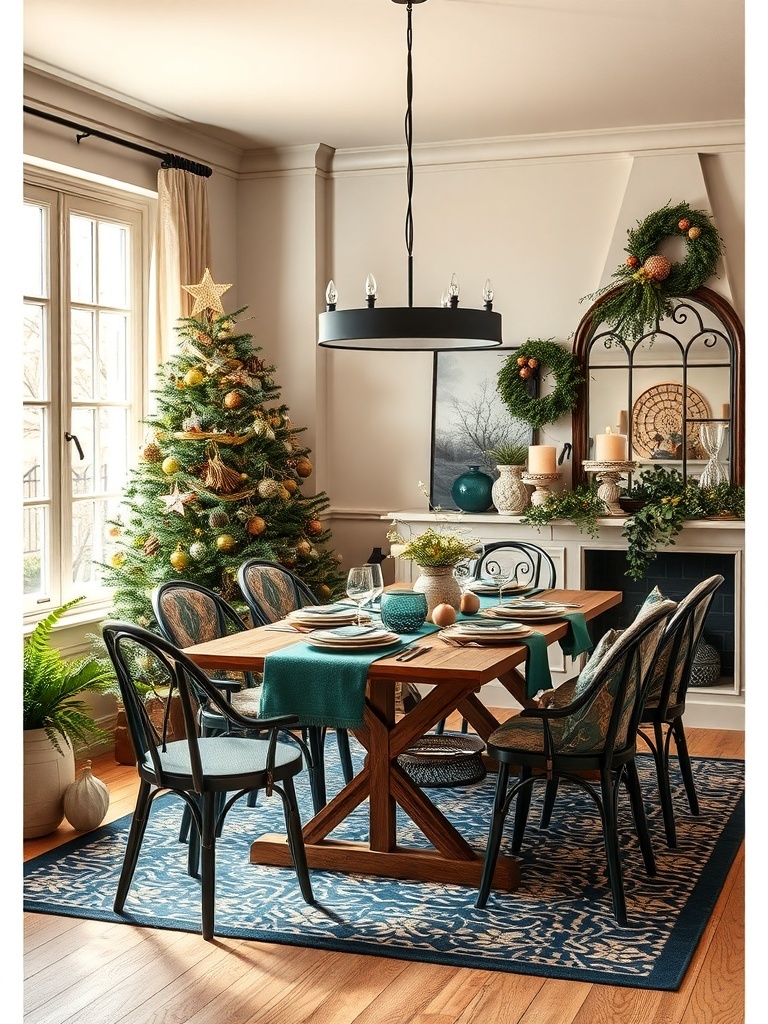 A beautifully decorated dining area featuring a wooden table, black chairs, and vibrant jewel tones in decor.