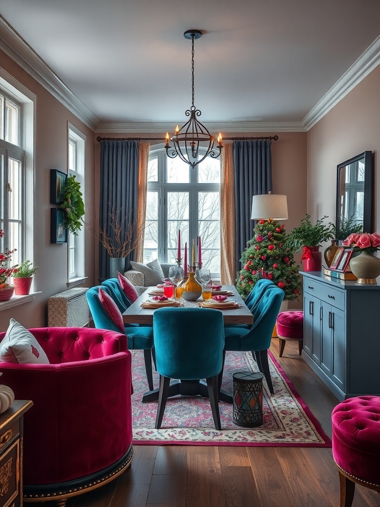 A stylish dining area featuring jewel-toned furniture and decor.