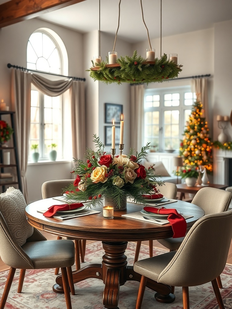 A beautifully decorated dining table with a floral centerpiece, candles, and festive decor.