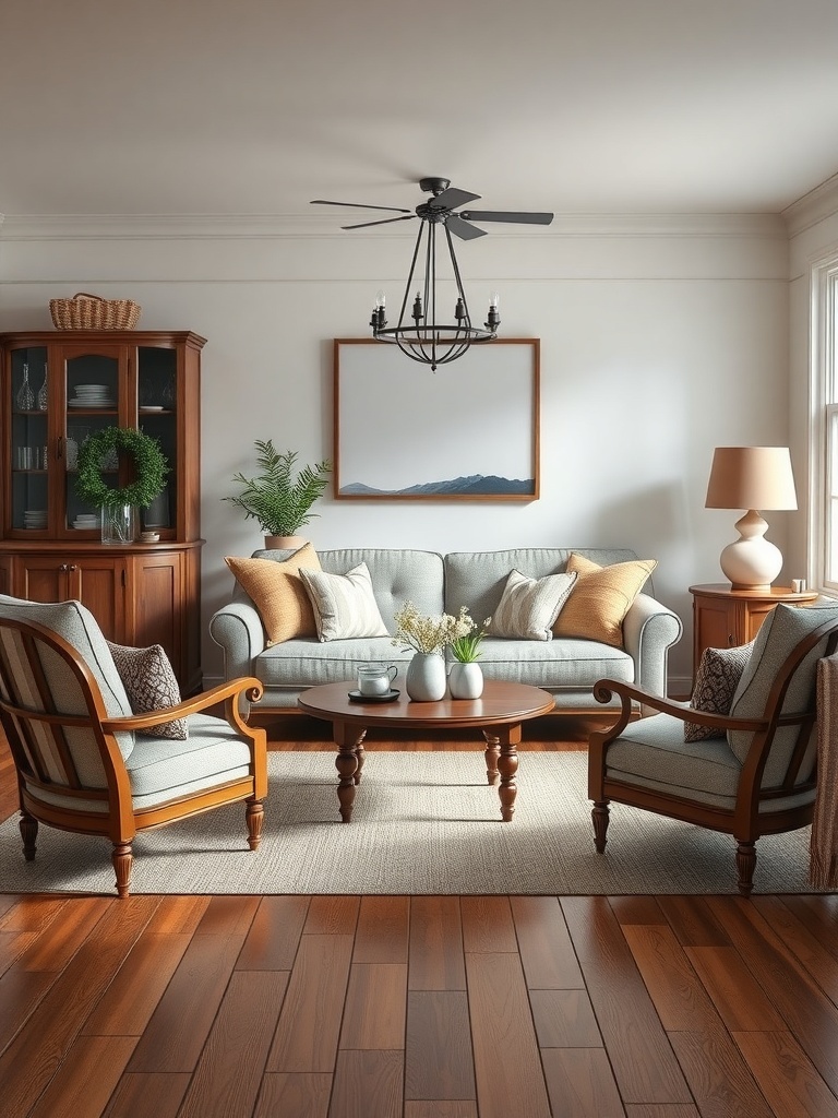 A cozy farmhouse living room featuring vintage-inspired furniture, including a wooden coffee table and classic armchairs.