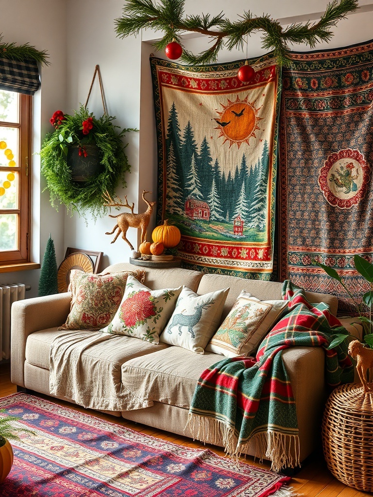 Living room with vintage-inspired textiles including tapestries, pillows, and a cozy throw.