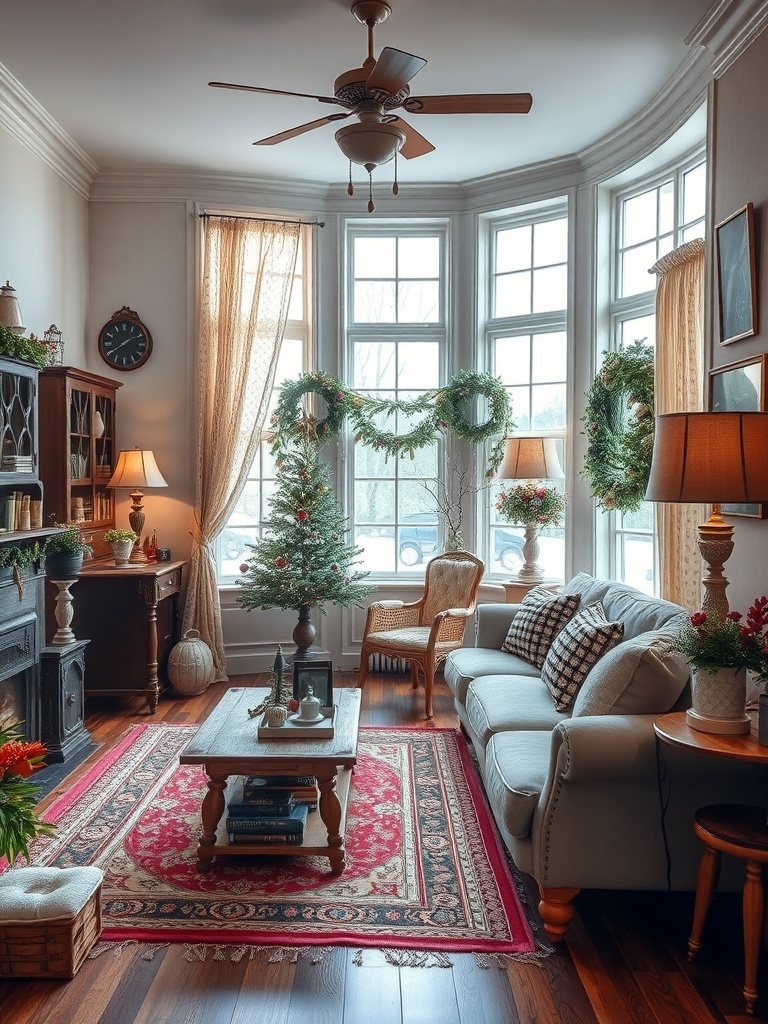 A cozy living room featuring vintage furniture and decor, with large windows and warm lighting.