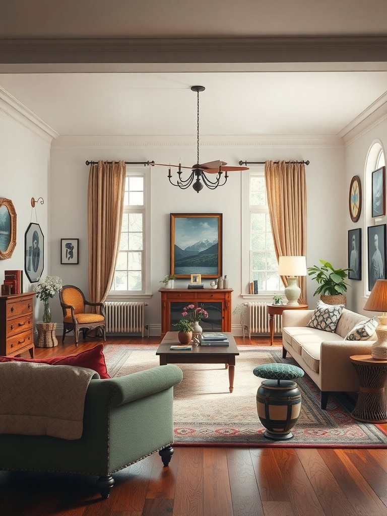 A vintage-inspired living room featuring wooden floors, classic furniture, and elegant decor.