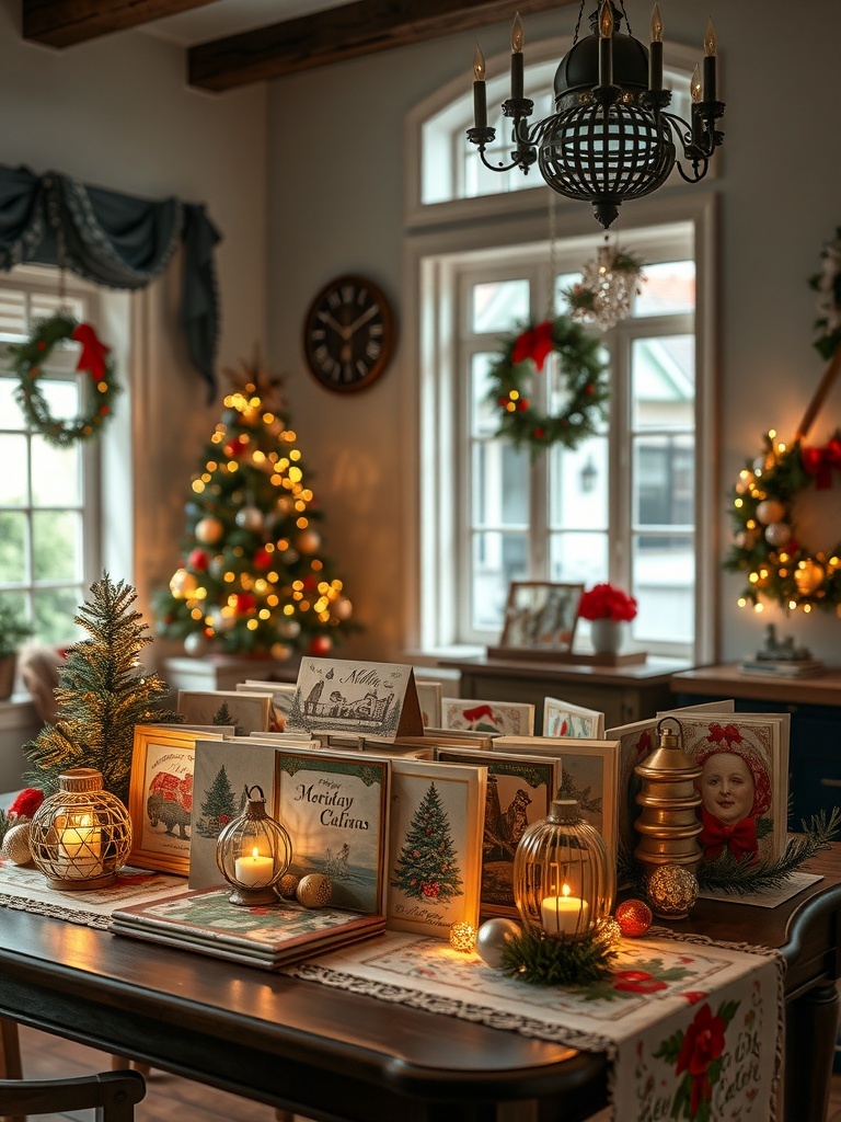 A cozy holiday table decorated with vintage Christmas cards, candles, and festive decor.