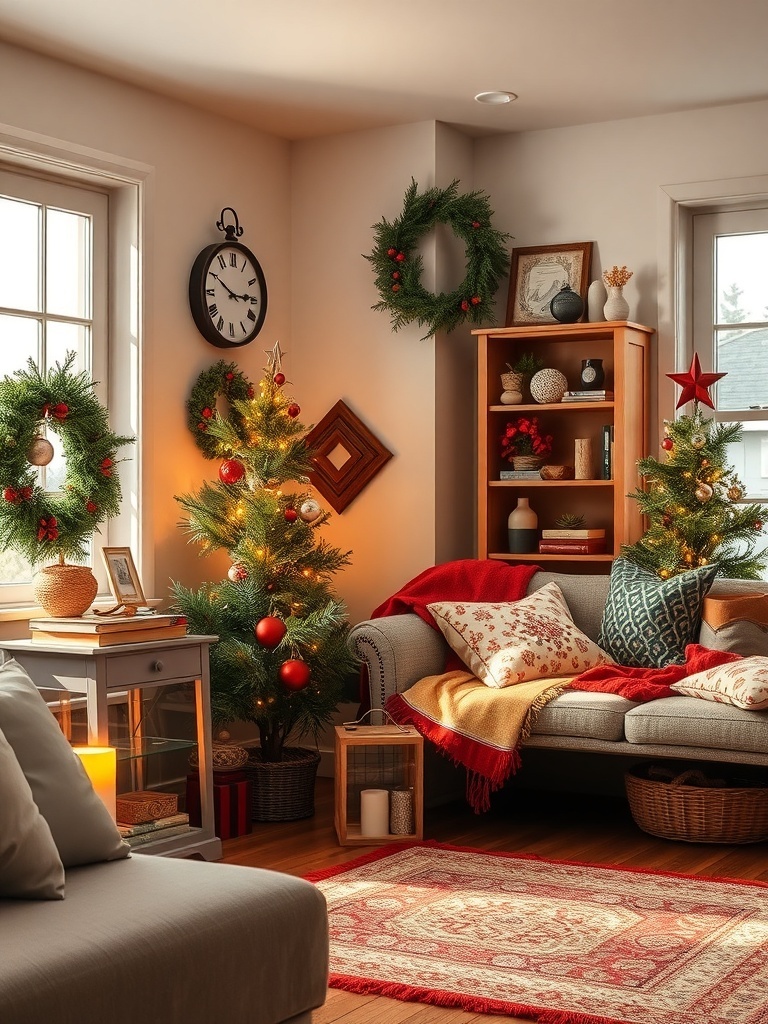 A cozy winter apartment decorated with vintage accents, including a classic clock, warm throws, and festive ornaments.