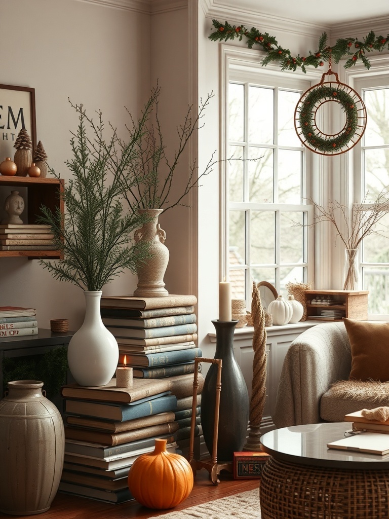 A cozy living room with vintage decor, featuring stacked books, ceramic vases, and a pumpkin.