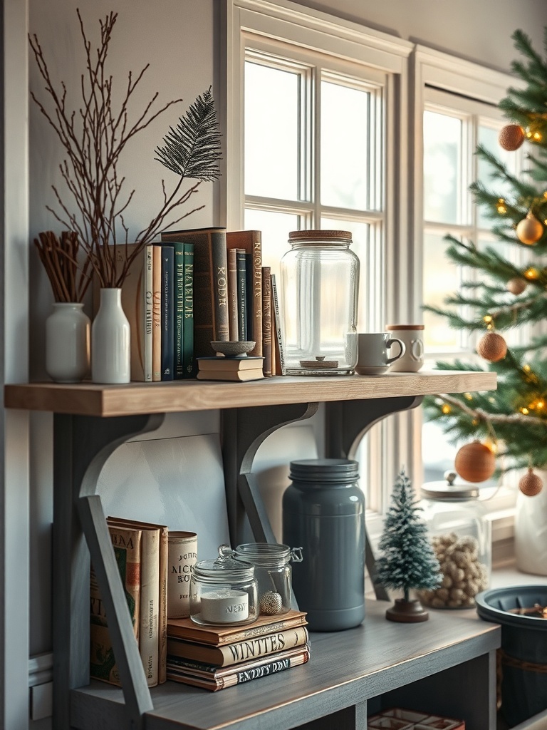 A cozy shelf displaying vintage decor items like books, jars, and small trees.