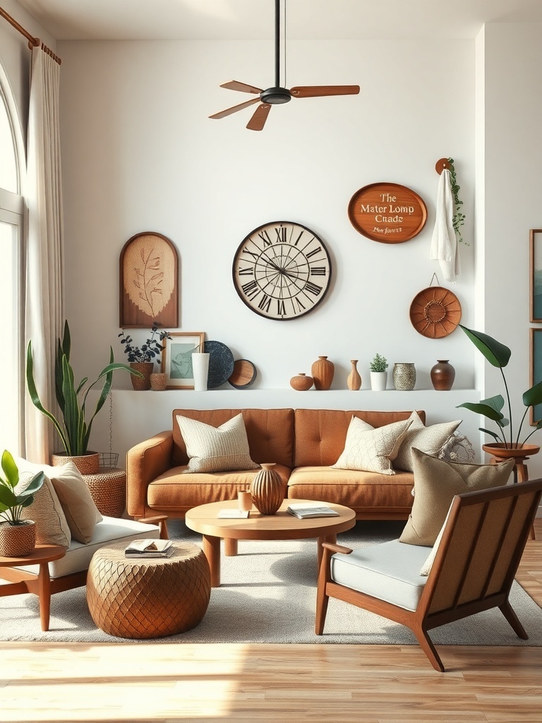 A vintage-inspired living room featuring earthy tones, wooden furniture, and decorative wall art.