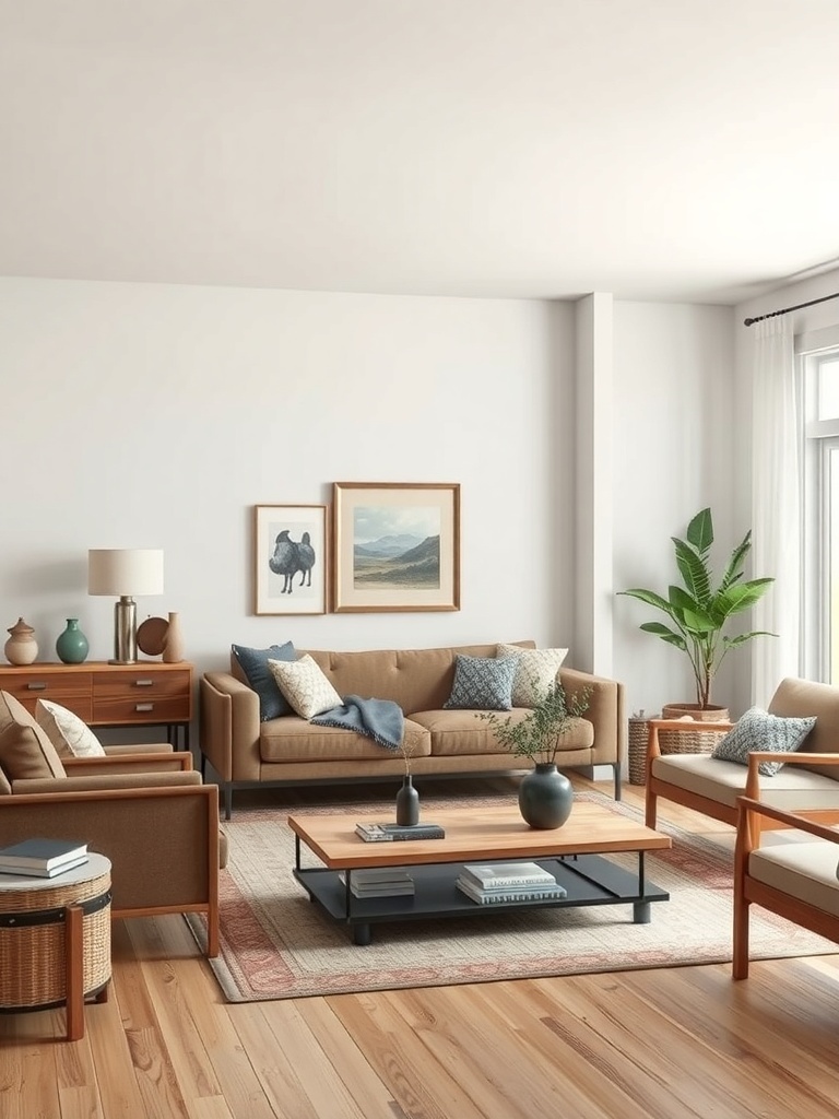 A cozy living room featuring vintage earthy furniture with a brown sofa, wooden accents, and plants.