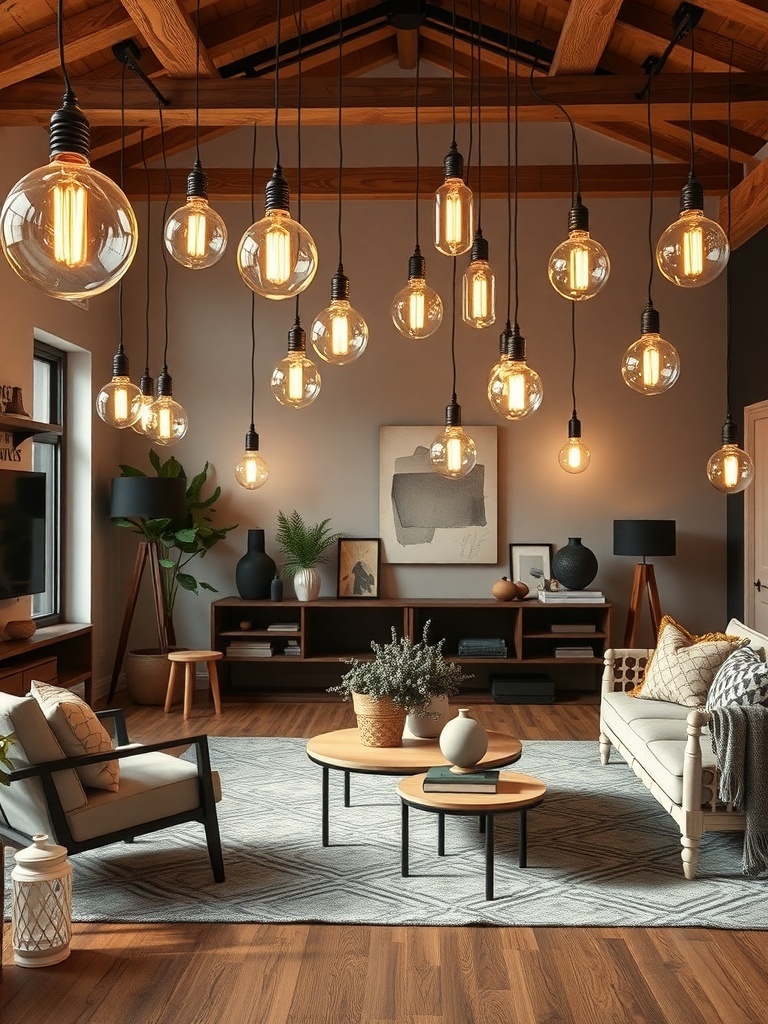 A stylish living room with vintage Edison bulbs hanging from the ceiling, creating a warm and inviting atmosphere.