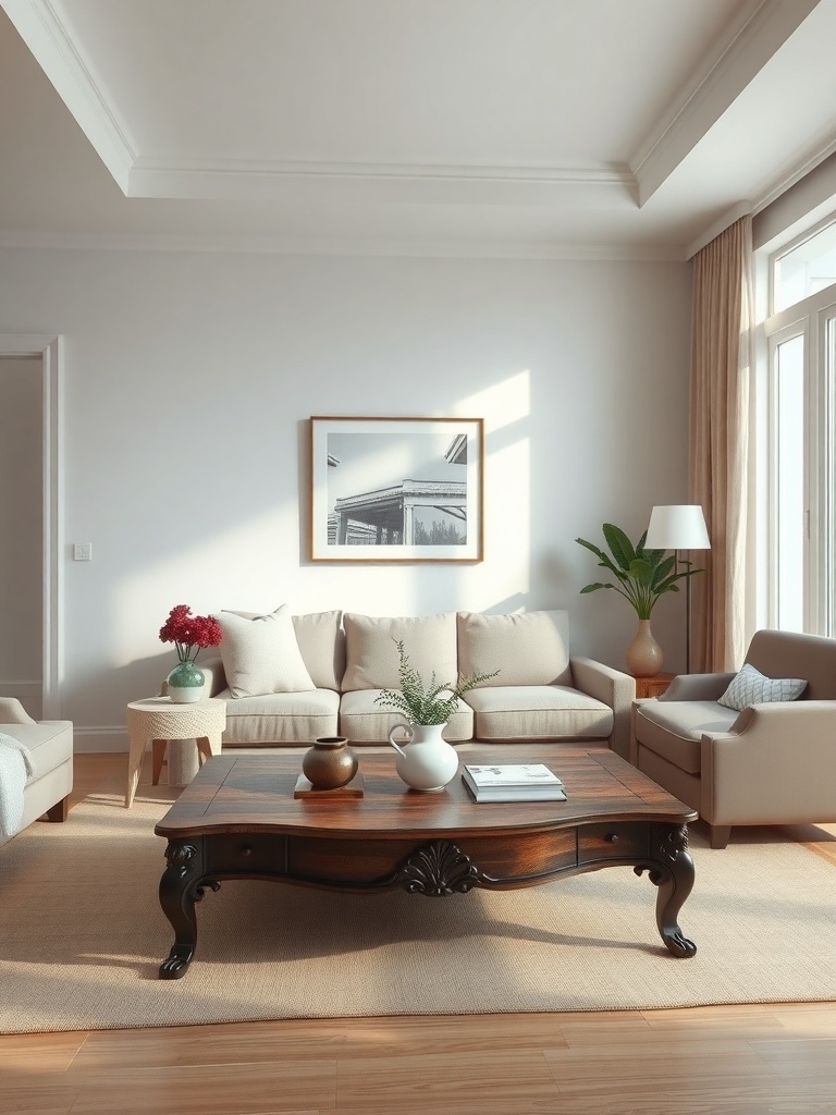 A minimalist living room featuring a vintage wooden coffee table, neutral-colored sofas, and plants.