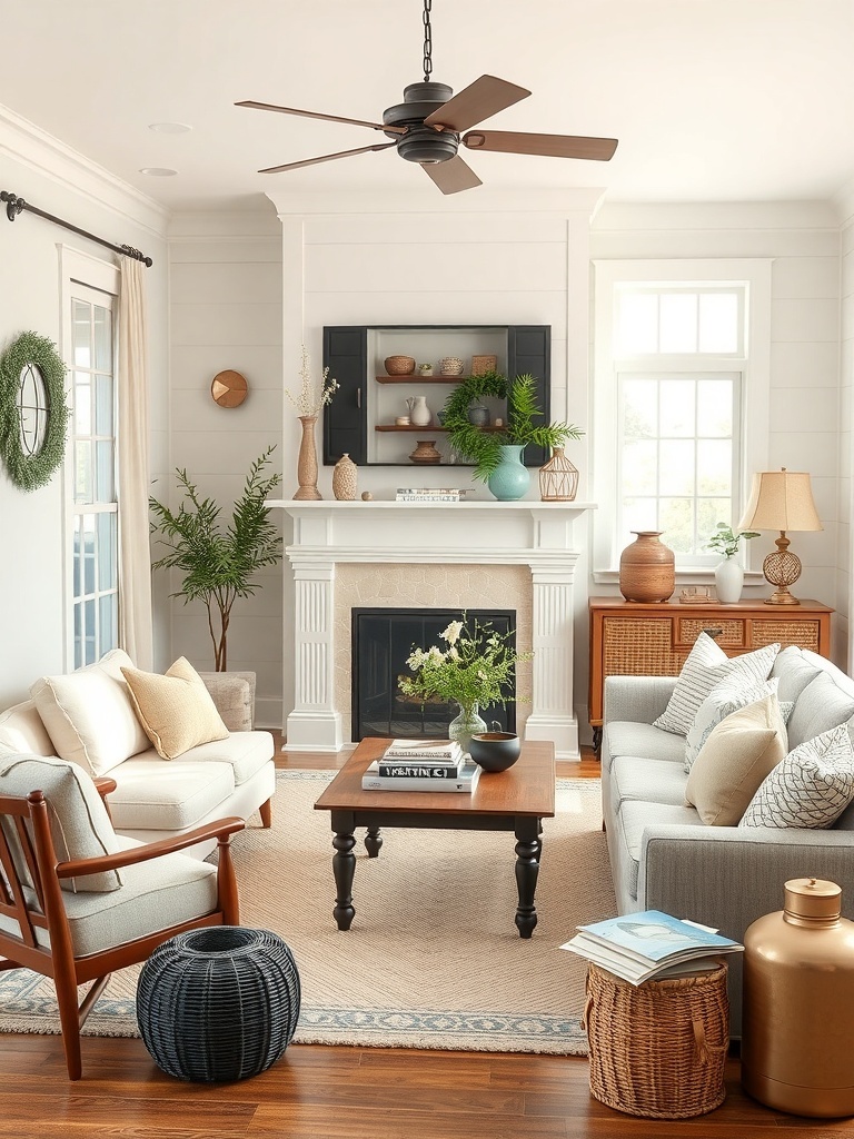 A cozy farmhouse living room with vintage accessories.