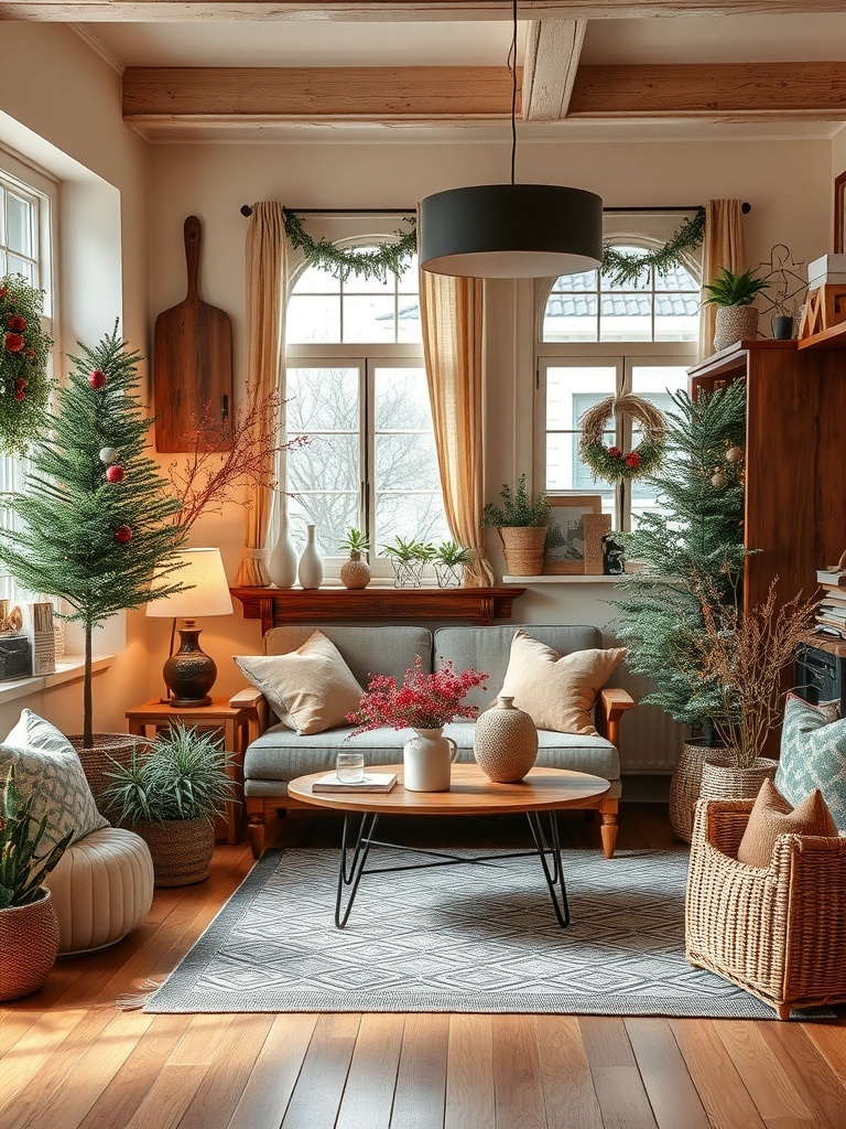 A cozy living room with vintage decor, featuring plants, a wooden coffee table, and soft cushions.