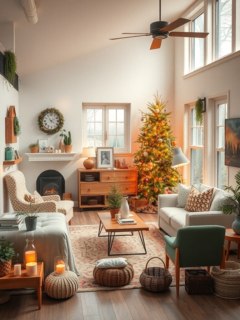 Cozy living room with vintage and modern decor elements, including a Christmas tree and warm lighting.
