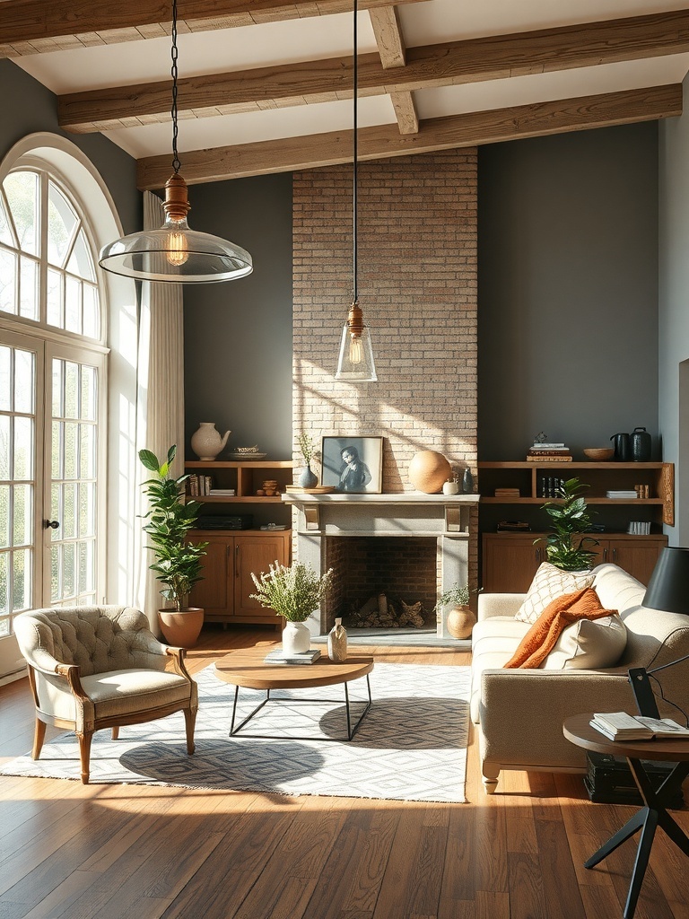 A cozy living room featuring vintage lighting fixtures, a fireplace, and stylish furniture.