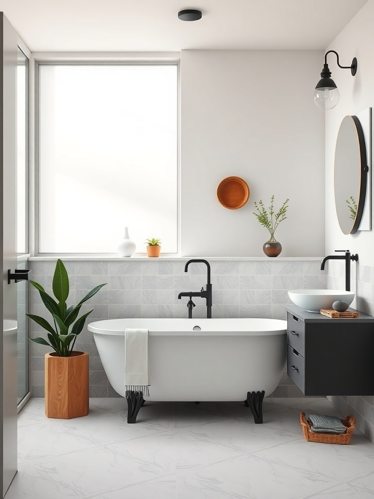 Modern bathroom featuring vintage fixtures, including a freestanding tub with claw feet, black faucet, and natural decor.