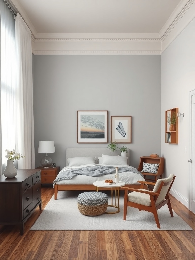 A modern bedroom featuring vintage furniture accents, including a wooden dresser, accent chair, and decorative pouf.