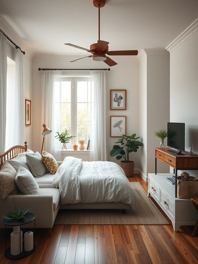 Cozy bedroom with vintage furniture, featuring a wooden bed, soft bedding, and plants.