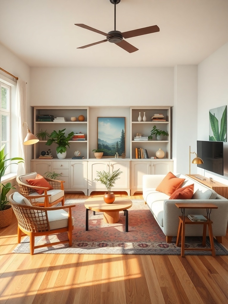 A cozy boho living room featuring vintage furniture, including a retro coffee table and comfortable armchairs.