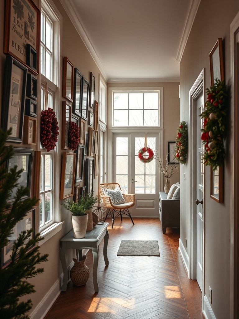 A hallway featuring a vintage gallery wall with various framed artworks and decorations.