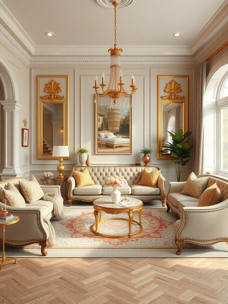 A vintage glam living room featuring elegant furniture, a chandelier, and gold accents.