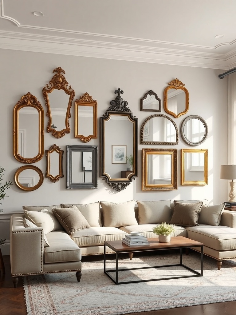 A gallery of vintage mirrors in various shapes and sizes on a living room wall.