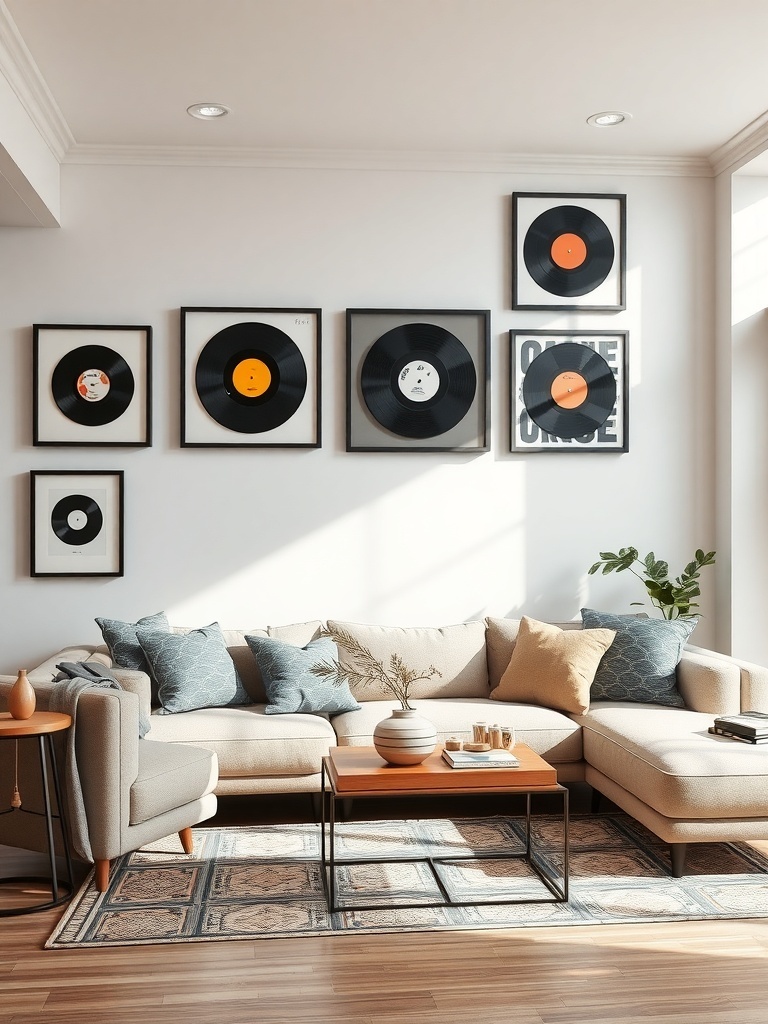 A living room with a vintage record display on the wall, featuring framed vinyl records above a cozy sofa.