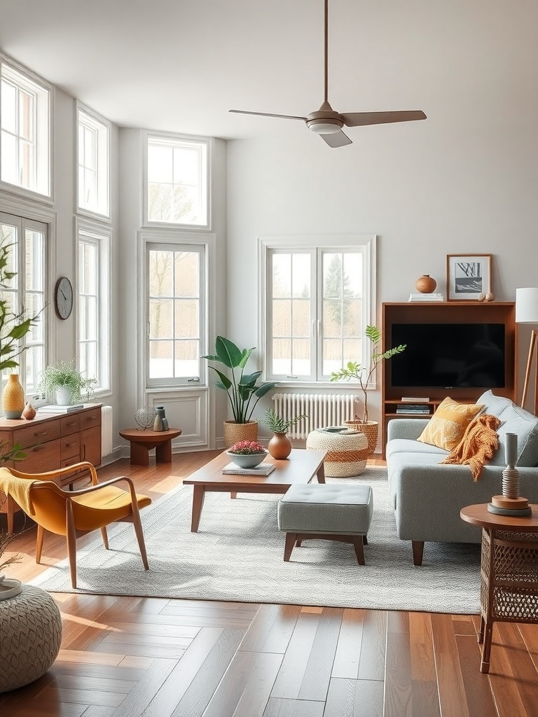 A bright Scandinavian living room featuring vintage furniture and decor.