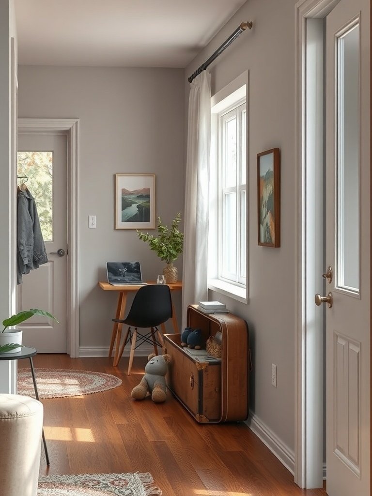A cozy entryway featuring vintage suitcases used for storage, a small desk, and decorative elements.